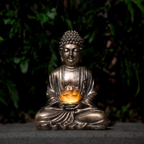 Estatua Buda Lotus con luces solares de resina para jardín