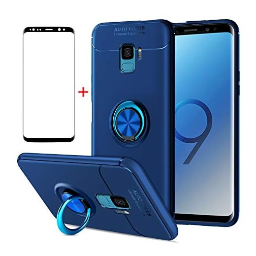 AKABEILA Samsung S9 fodral skärmskydd, kompatibel för Samsung Galaxy S9 fodral [med härdat glas fri] kolfiber silikonfäste telefonhållare fingerring grepp stöttåliga fodral, blå