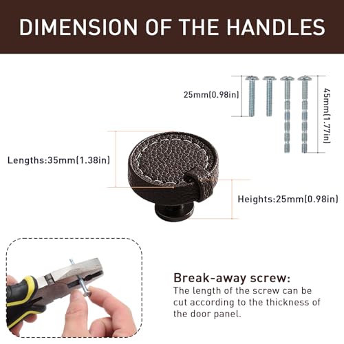Image of 2 Pack Leather Cabinet Knobs Hand-Stitch Dark Brown Round Drawer Pulls for Cabinets, Cupboard, Dressers, Drawers, Bedroom