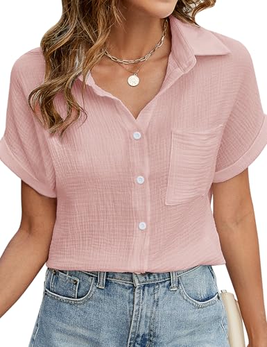 Niwicee Womens Blouse Summer Cotton Shirts Casual V Neck Short Sleeve Tops Elegant Solid Color Button Down Basic Loose Tunic T Shirts Tops with Pocket(Pink,XXL)