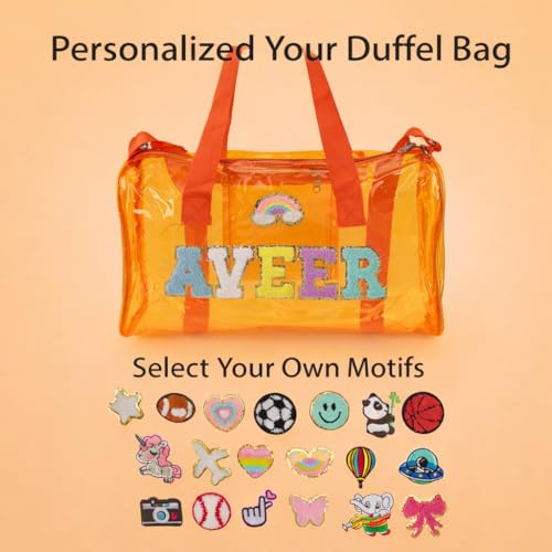 Image of AICA Personalized Name Embroidered Letters & Patch Duffle Bag for Kids Boys & Girls Age 1-18 Years Age Group (Orange) | Gift for Boys Girls Kids