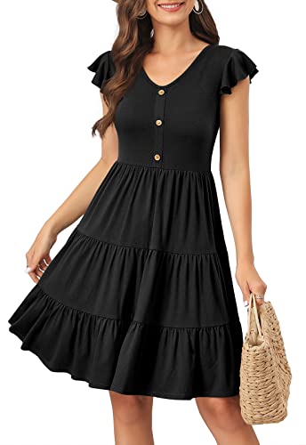 Image of Lamilus Summer Dresses for Women 2026 Ruffle Sleeve V Neck Non-See Through Tiered Babydoll Mini Dress Graduation Beach