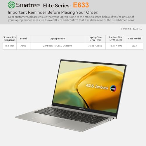 Image of Smatree Laptop Sleeve for 15.6 inch ASUS Zenbook 15 OLED UM3504, Protective Laptop Case with Accessory Pocket, YKK Zipper, Patented Shockproof Design(E633)