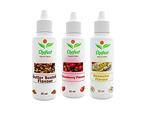 Image of Chefast Pack of 3 Baking Essence Flavour of Rasmalai , Strawberry, Butter Scotch for Cake, Ice-Cream,Milkshakes- 30ML ( Use 2-3 Drops Essence for 250 Grm Cake) This is Flavour only, Not a Color