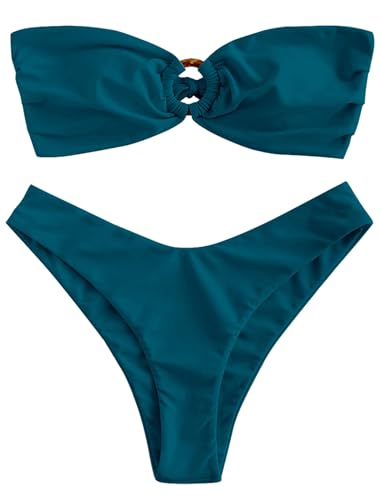 Image of ZAFUL Women's Bandeau Bikini O Ring Strapless Tie Back High Cut Two Piece Swimsuit Bathing Suits