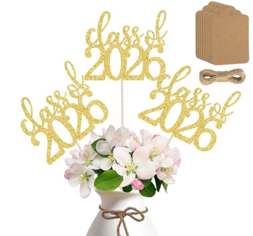 ALISSAR 12 Pack Pre-Assembled Double Sided Class of 2026 Graduation Centerpiece Sticks with 12 Pack Blank Kraft Tags & 32.8ft Twine – Graduation Table Decorations & DIY Party Decor(gold)