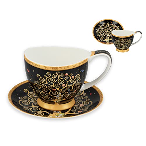 CARMANI - Taza de té y platillo de cerámica con Gustav Klimt, el árbol de la vida, 350 ml