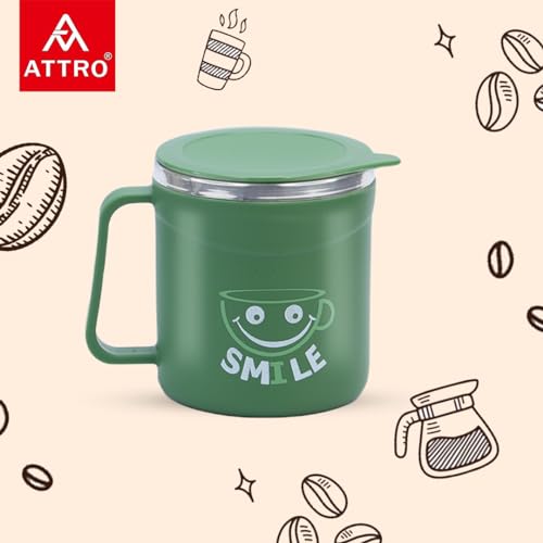 Image of ATTRO Happy Mug Set of 6-Comes with Double Wall Inner Stainless Still & Lid Stylish Cup Ideal for Hot Coffee, Tea - 300ml-Olive Green