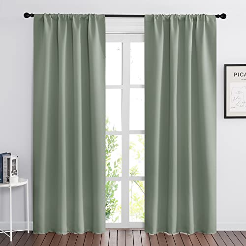 RYB HOME Green Blackout Living Room Curtains - Light Block Energy Efficiency Small Window Treatment Drapes for Kitchen Dining Baby Nursery Farmhouse Decor, W 42 x L 84 inch, Sea Green, 2 Panels