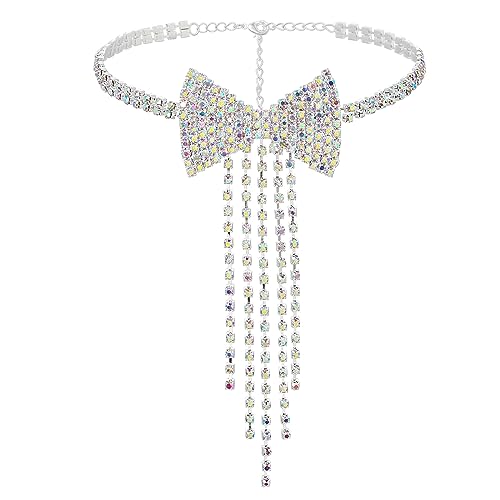 ELABEST Rhinestone Bowknot Necklace Sparkly Tassel Choker Bow Tie Tennis Chain Party Nightclub Jewelry for Women