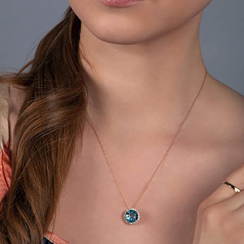 Jewelili 10K Yellow Gold 10 Mm Round Swiss Blue Topaz And Round Created White Sapphire Halo Pendant Necklace, 18" Rope Chain #TOP4