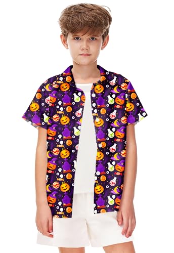 Image of Remimi Unisex Kids Halloween Shirt Boys Pumpkin Ghost Shirts Hawaii Button Up Tops 5-14 Years