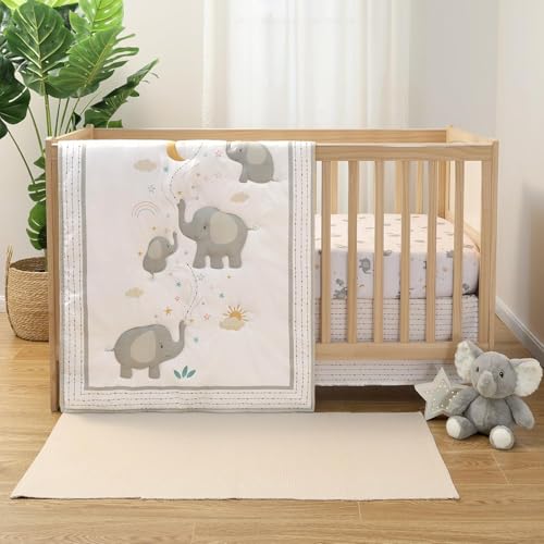 The Peanutshell 3 Piece Elephant Whimsy Baby Crib Bedding Set Boy or Girl Nursery Decor Boy Crib Comforter Set Classic Neutral Ivory & Cream Tones Quilt and Accessories Gender Neutral