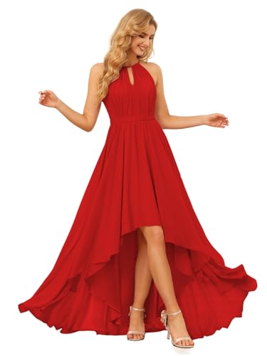 Elegant High Low Bridesmaid DressesLong for Women Halter Ruched Chiffon Formal Evening Dress DI023