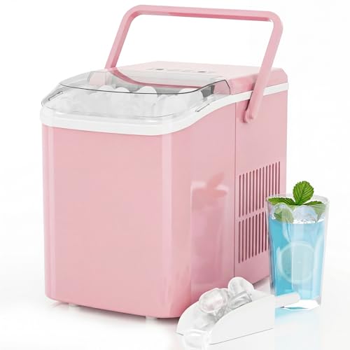 KMFurnila Ice Makers Countertop Portable Ice Machine with Handle 6 Mins 9 Bullet Ice Cubes with Basket and Scoop 26lbs in 24Hrs Auto-Cleaning for Home Kitchen RV Camping Pink