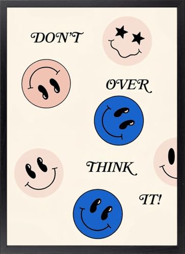 Fine Artic Tableau Phrase Don't Over Think It avec Smileys – Poster de visages souriants avec cadre – Tableaux déco murale indie – Affiche emojis