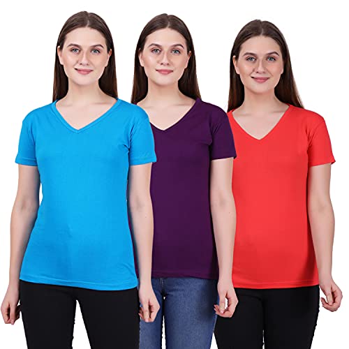Image of FLEXIMAA Women's Cotton Plain V Neck Half Sleeve T-Shirt