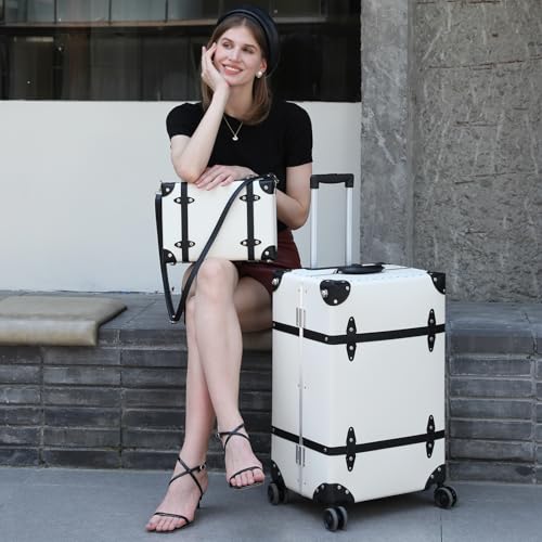 Image of Vintage PU Leather Luggage Set, Retro Trunk Suitcase with Wide Aluminum Frame, TSA Key Locks and Smooth 360 Spinner Wheels (Ivory Signature,26 inch+12 inch)