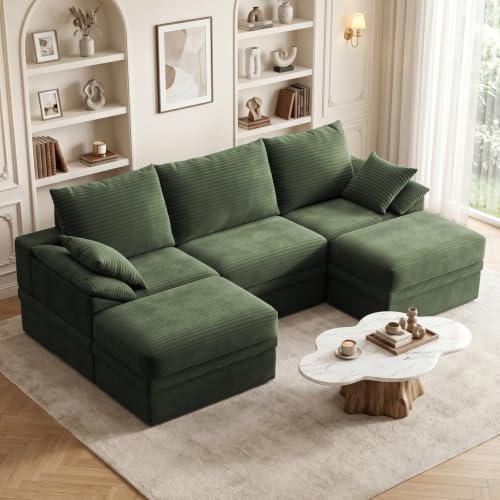 107" Modular Sectional Sofa Boneless Couch with Storage,U-Shape 3 Seat Comfy Modern Cloud Couch Sofa with Ottoman, 27" Deep Seat Corduroy Sofa for Living Room, Tool-Free Assembly - Green - image 1