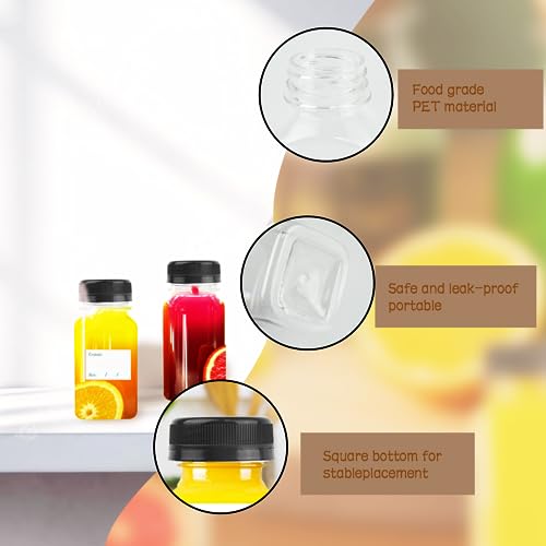 Kikuo 20 Pack 120ml Plastic Juice Bottles, 4 Ounce Reusable Drink Beverage Containers with Label, Pouring Funnel and Brush, Smoothie Juice Bottles for Juice, Milk, Homemade Beverages (Black Lids)