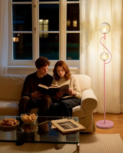 Image of Lightdot Pink Floor Lamp, Mid Century Tall Standing Lamps with Globe Clear Glass Shade Soft Warm White Bulbs Included, Modern Unique Floor Lamp for Living Room /Bedroom /Sofa Beside /Corner Decor