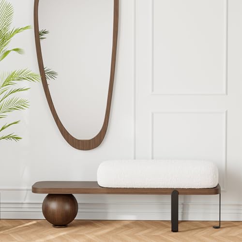 homary Entryway Bench, Modern Wooden Boucle Upholstered Bench with Abstract Metal Leg and Comfortable Lambswool Cushion for Entryway/Bedroom/Living Room - 47.2" W x 13.8" L x 16.5" H Walnut
