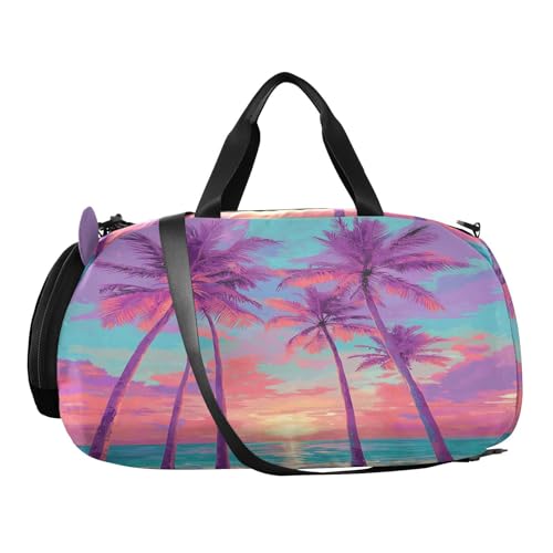 Tropical Palm Sunset Purple Kids Travel Duffel Bag for Boys Girls Overnight Weekend Tote Bag with Shoes Compartment for Sleepover Trip Beach2