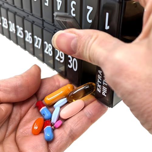Image of Once-a Day Monthly Pill Organizer Removable Lid for Easy Loading - Large Compartment Pill Box Medications for Entire Month Plus a Compartment for Extra Pills BPA Free