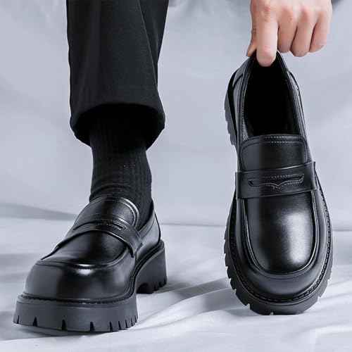 Men's Classic Black Platform Loafers Round Toe Breathable Leather Slip On Work Shoes Comfort Non Slip Lug Sole Penny Shoes4