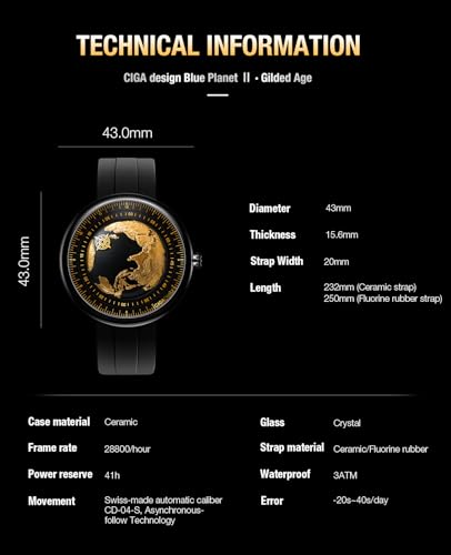 Image of CIGA Design Mechanical Automatic Watch Blue Planet U Series Stainless Steel /Titanium /Ceramics Case Sapphire Crystal Fluororubber /Ceramics Strap Watches Gifts for Men and Women