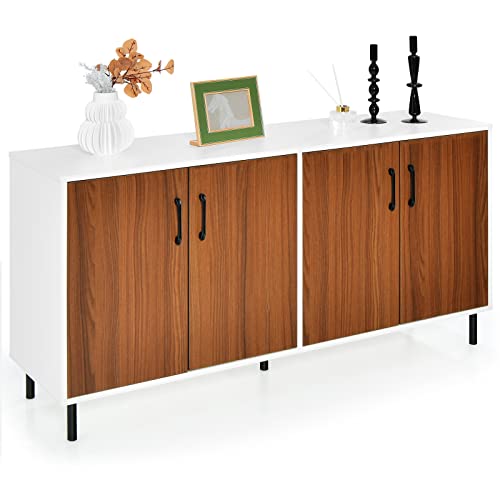 GIANTEX Credenza con 4 Ante e 5 Gambe Metalliche Robuste, Armadio da Cucina e Soggiorno in Bianco e Naturale, Ideale per Camera da Letto, Cucina e Ingresso, Design Moderno e Spazioso, 148x40x75,5 cm