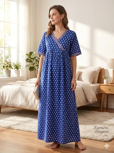 Image of Evolove Cotton Nighty Maxi for Women with Side Pocket | Floral Print Round Neck Short Sleeves Full Length Night Wear Gown