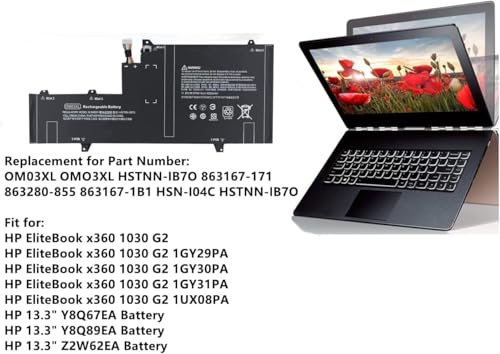Image of OM03XL Battery Compatible for HP EliteBook X360 1030 G2 Series | OMO3XL 863167-171 863167-1B1 863280-855 HSTNN-IB70 HSTNN-IB7O HSTNN-1B70 HSN-I04C Battery