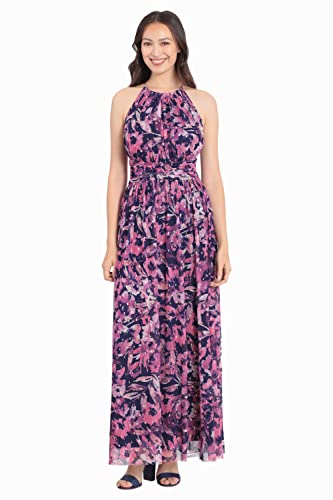 Image of London Times Women's London Times Mesh Halter Maxi Dress with Ruched Waistband Flowy Bohemian Beach Dresses