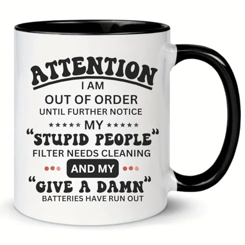 MissDaisy -Sarcasm - Taza de café de 325 ml, con texto en inglés "Attention I Am Out Of Order Until Further Notice - Divertida broma sarcástica para compañeros de trabajo, mejores amigas, cumpleaños