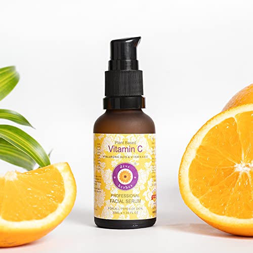dève herbes Plant Based Vitamin C Face Serum with Hyaluronic Acid & Vitamin A & E for Personal Care 30ml (1 oz) with Free Pure Vitamin E Oil 10ml (0.33 oz)
