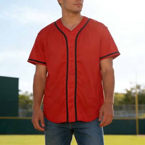 Camiseta de béisbol roja, casual, mangas cortas, con botones miniatura 1
