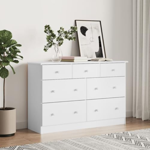 Ordellia ALTA Cómoda blanca de pino macizo 112 x 35 x 73 cm con 7 cajones, espacio de almacenamiento para pasillo, salón, dormitorio, oficina y almacenamiento organizado