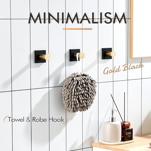 Image of KOKOSIRI Robe Hooks Bath Towel Hooks for Wall Closet Kitchen Hanging Towels Bathroom Hardware Black with Gold Stainless Steel 3 Pack, B1016GDK-P3