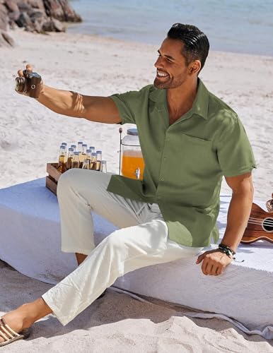 Image of COOFANDY Men's Button Down Shirts Short Sleeve Casual Shirts Summer Beach Linen Shirts with Pocket