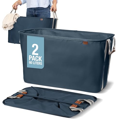 CleverMade Collapsible Laundry Basket LUXE 2 Pack – 60 L (16 Gal) Foldable Cotton Blend Clothes Hamper with Vegan Leather Accents, Reinforced Handles, Space Saving Laundry Bin Holds 55 lbs - Navy