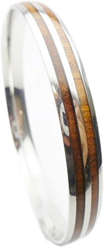 316L Stainless Steel Comfort Fit Natural Hawaii Koa Wood Inlay With Stripe Hawaiian Curved Top Bangle Bracelet (Width: 6mm, 8mm, 10mm, 12mm) (Size: 7.5", 8", 8.5")