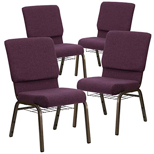 Flash Furniture 4 Pack HERCULES Series 18.5''W Church Chair in Plum Fabric with Cup Book Rack - Gold Vein Frame