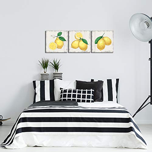 Sechars 3 Piece Kitchen Wall Art Vintage Lemon Pictures Art Prints Still Life Fruit Painting Artwork For Dining Room Bar Decor Framed Ready To Hang Each Panel 12X12 Inches #TOP4