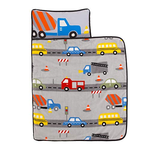 Image of Everything Kids Grey, Red, Yellow and Blue Construction Toddler Nap Mat with Pillow and Blanket with Pillow and Blanket
