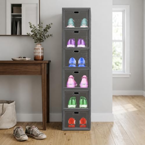 Image of Sulfar 6 Tier Shoe Rack Collapsible Shoe Organiser with Door - Foldable Sneaker Crates Footwear Organiser for Men, Women, Heels, Boots, Loafers, Sneakers, Slippers (Grey)