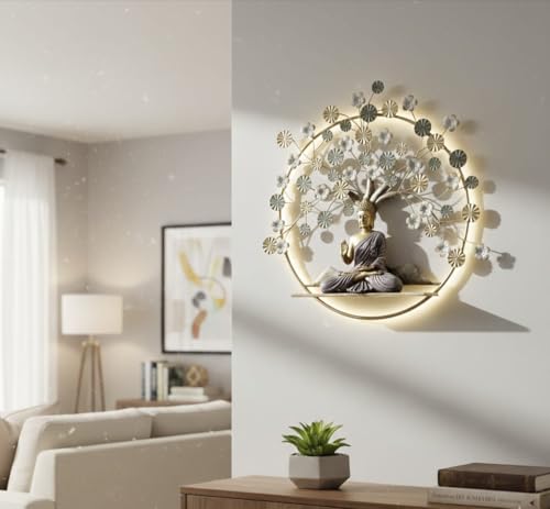 Image of buddha Metal Tree of Life with Meditating Buddha Wall Art with LED Backlight - 32x32 Inches, Golden & Bronze Finish, Perfect for Living Room, Office & Gifting