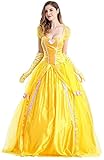 Características clave: Vestido de Belle Ball Vestido de la princesa de la mujer Disfraz de cosplay adulto Cuenta con un manguito de soplo corto con banda elástica para un ajuste perfecto; Sexy escote cuadrado bajo, corpiño delgado de remiendo floral con cierre de cremallera oculto oculto en la parte posterior. Vestido largo de oro con 1 capa de revestimiento suave en el interior, un tul de la capa unido en la tela superior, haga un vestido se ve más esponjoso y más elegante