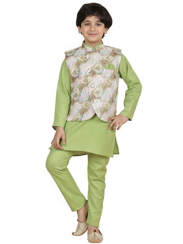 Image of superminis Boys Cotton Printed Full Sleeves Kurta Pyjama with Jacket Ethnic Wear Set