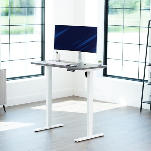 Image of VIVO Dark Gray 43 x 24 in Standing Desk, DESK-KIT-1W4G | Electric, Holds 220 lbs, Sit Stand, Height Adjustable, Solid One-Piece Table Top, Memory Presets, 1B Series, White Frame